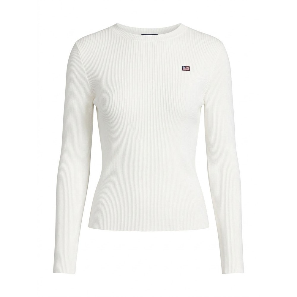 Polo Jeans Co Ralph Lauren Top Women Small White Ribbed Knit Flag Long Sleeve